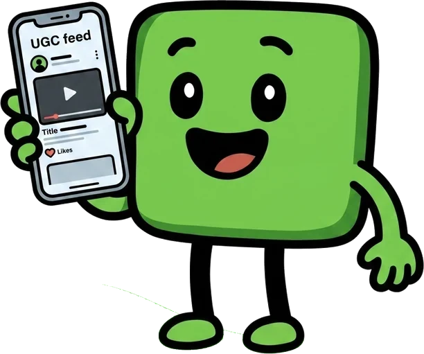 Maskot DynamicShorts ukazuje UGC feed v telefonu